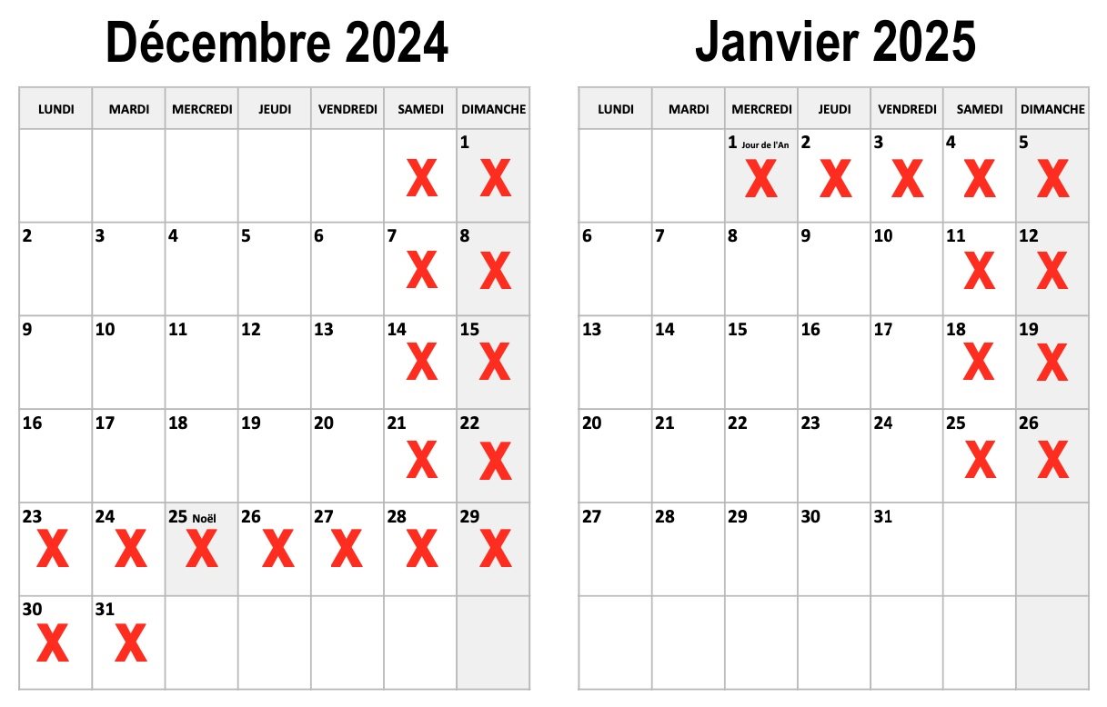 Calendrier dec et janvier 2024 2025